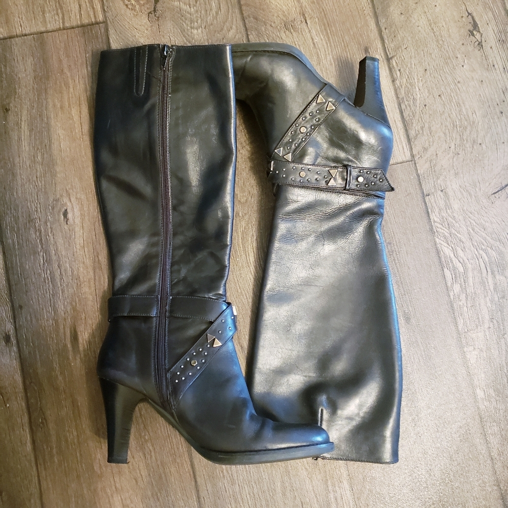 Via Spiga Black Studded Leather Knee-High Heeled Boots
